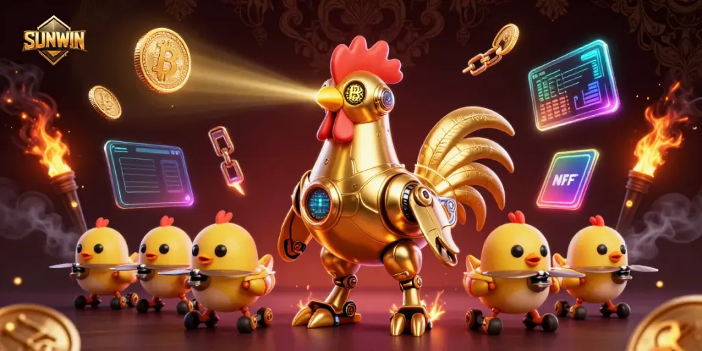 SUNWIN showcases a lively casino atmosphere with a golden rooster robot and baby chick drones among vibrant crypto elements.