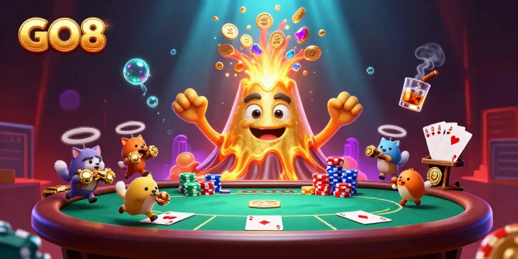 Experience the thrill of GO8 gaming with a vibrant eruption of golden treasures and poker excitement.