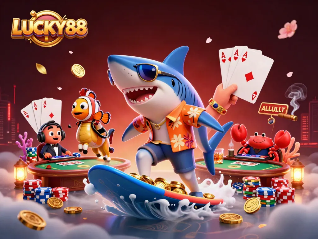 Join the adventure with LUCKY88, the shark and friends, in this vibrant casino scene.
