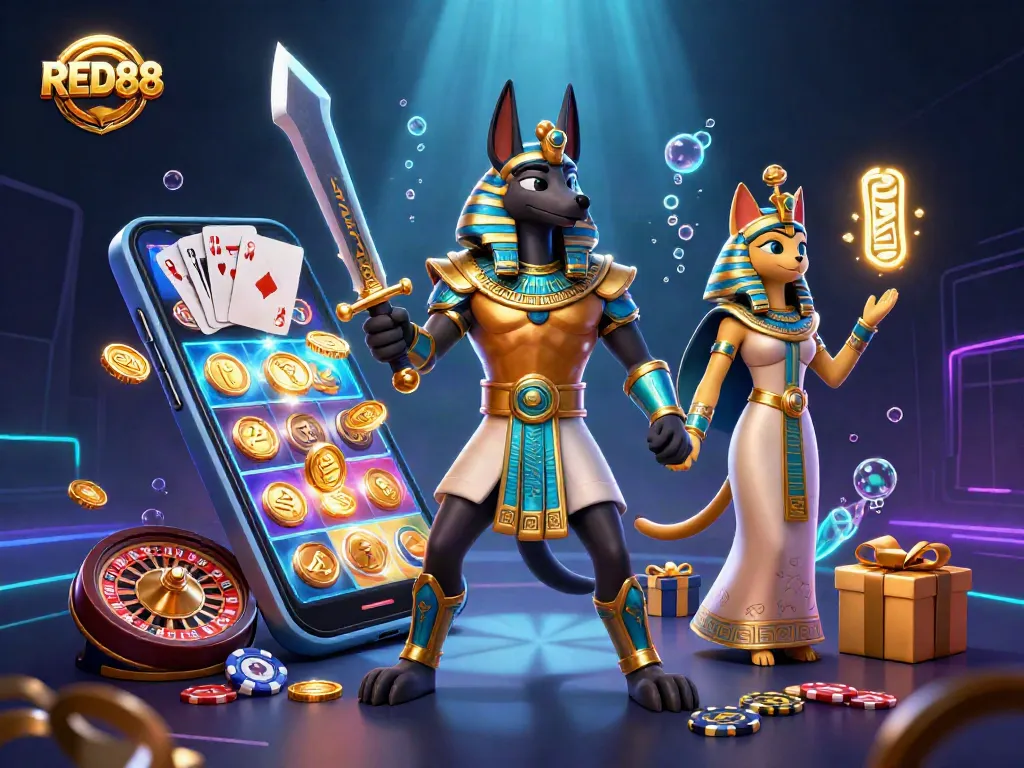 Engage with RED88's vibrant casino scene featuring Anubis and gaming elements in an exciting layout.