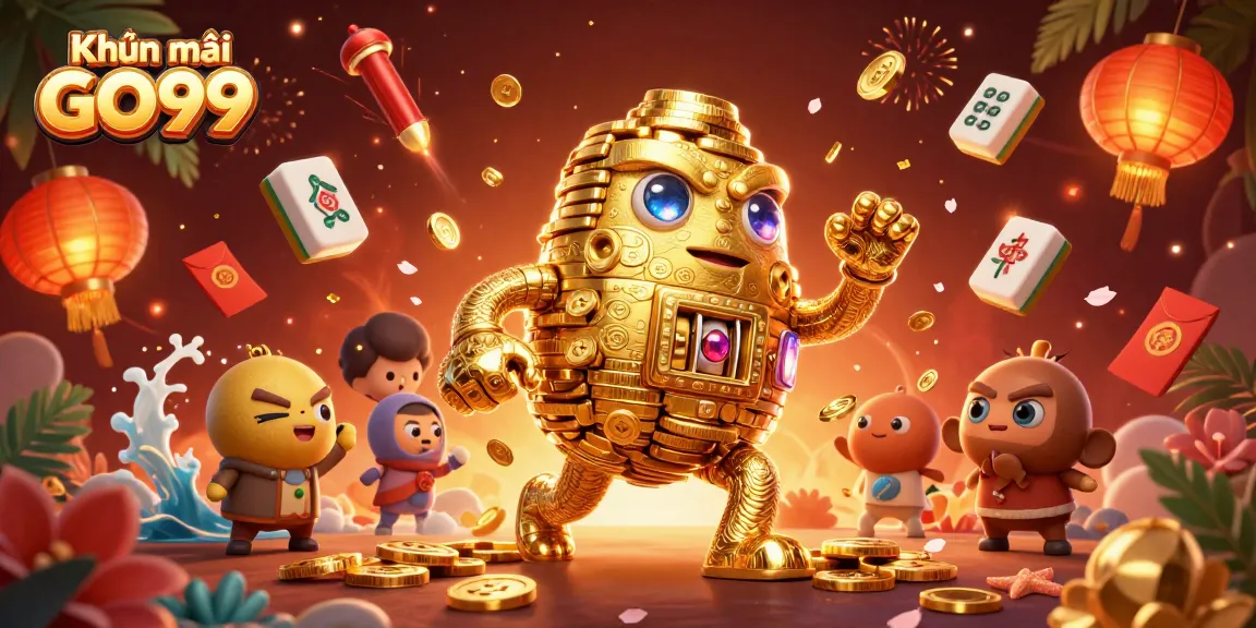 Experience the vibrant Khuyến mãi GO99, featuring a golden golem and dynamic gambling elements.