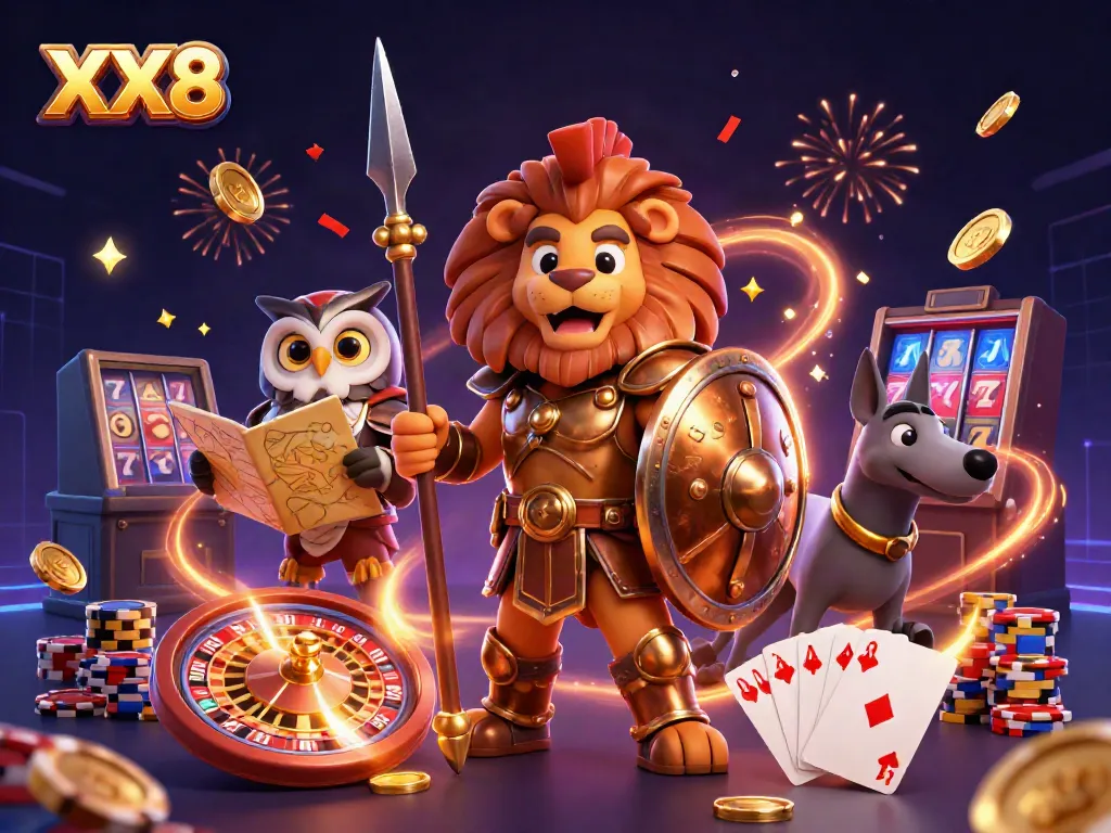 Experience the thrilling action of XX8 with vibrant gambling elements and dynamic characters in a casino-themed illustration.