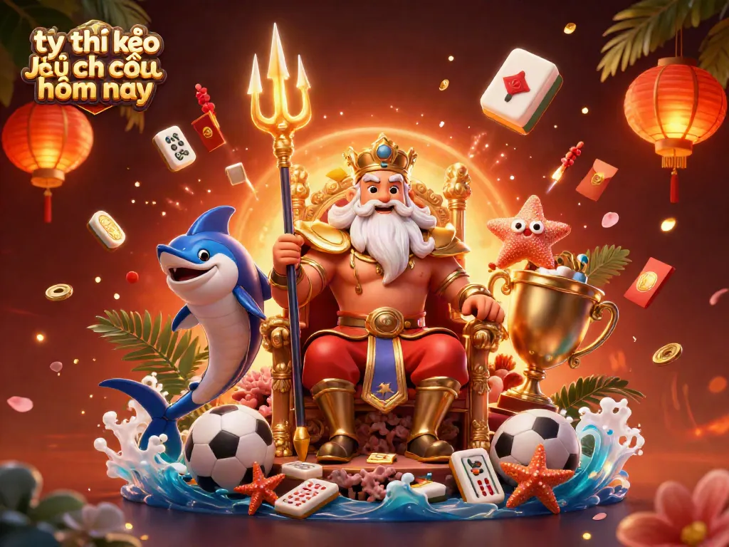 Bet on tỷ lệ kèo nhà cái hôm nay with a dynamic scene of Neptune, sporting betting symbols.