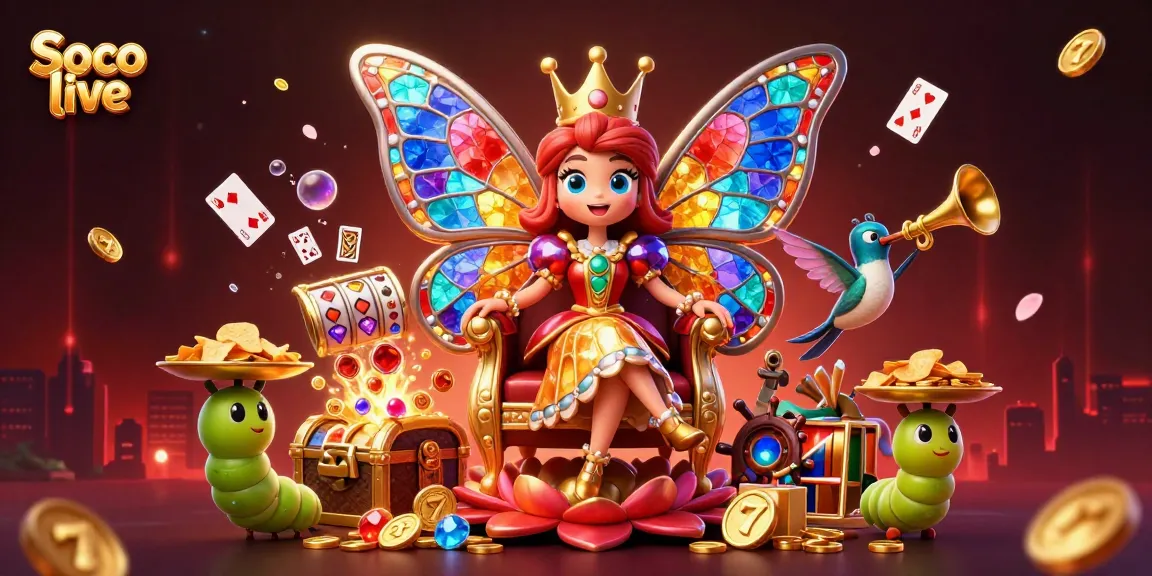 Soco live elevates your casino experience with vibrant images of a butterfly queen and lively slot game elements.