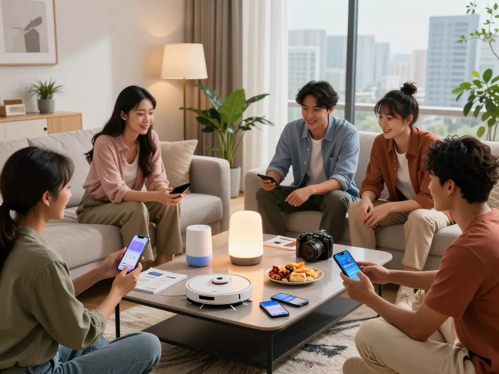 Testing tech gadgets for home in a stylish living room with friends, showcasing smart devices and a cozy atmosphere.