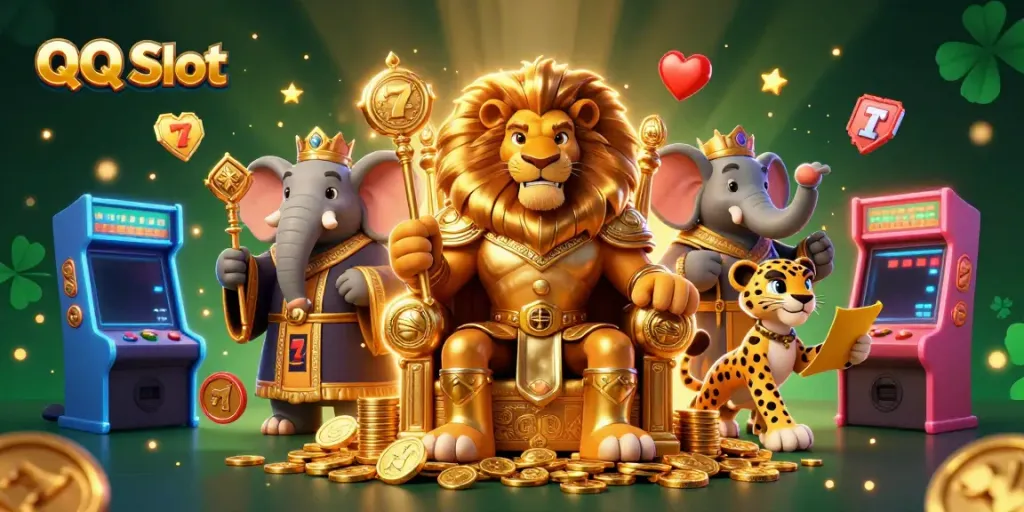 Experience QQ Slot with a lion king, elephant advisor, and cheetah messenger in a vibrant 3D casino scene.