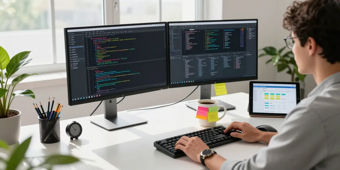 WPS Download in a modern workspace showcasing productivity software on dual monitors, a developer coding, and vibrant elements.