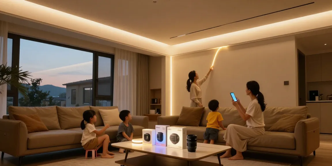 Banda LED flexibilă în iluminatul unui living modern, cu familie adunată.
