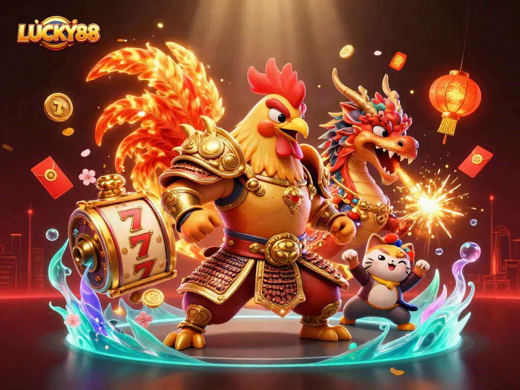Experience thrilling action with LUCKY88, featuring a fighting rooster warrior amidst slot reels and vibrant decorations.