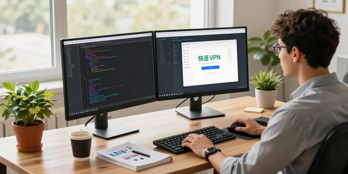 快连 VPN software developer at a modern tech workspace with dual monitors and a laptop.