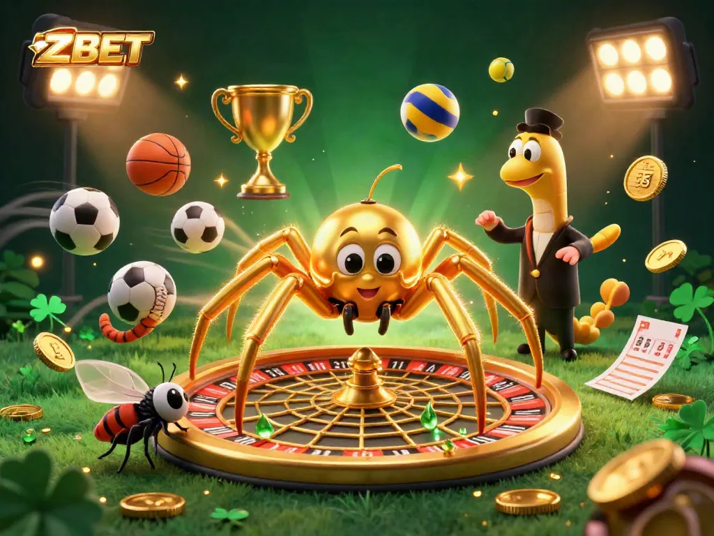 ZBET engaging with a 3D cartoon golden spider and centipede croupier in a dynamic casino scene.