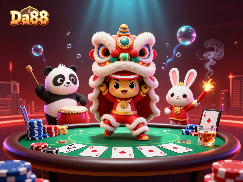 Engage in thrilling gameplay at Da88 with vibrant lion dance and poker scene.