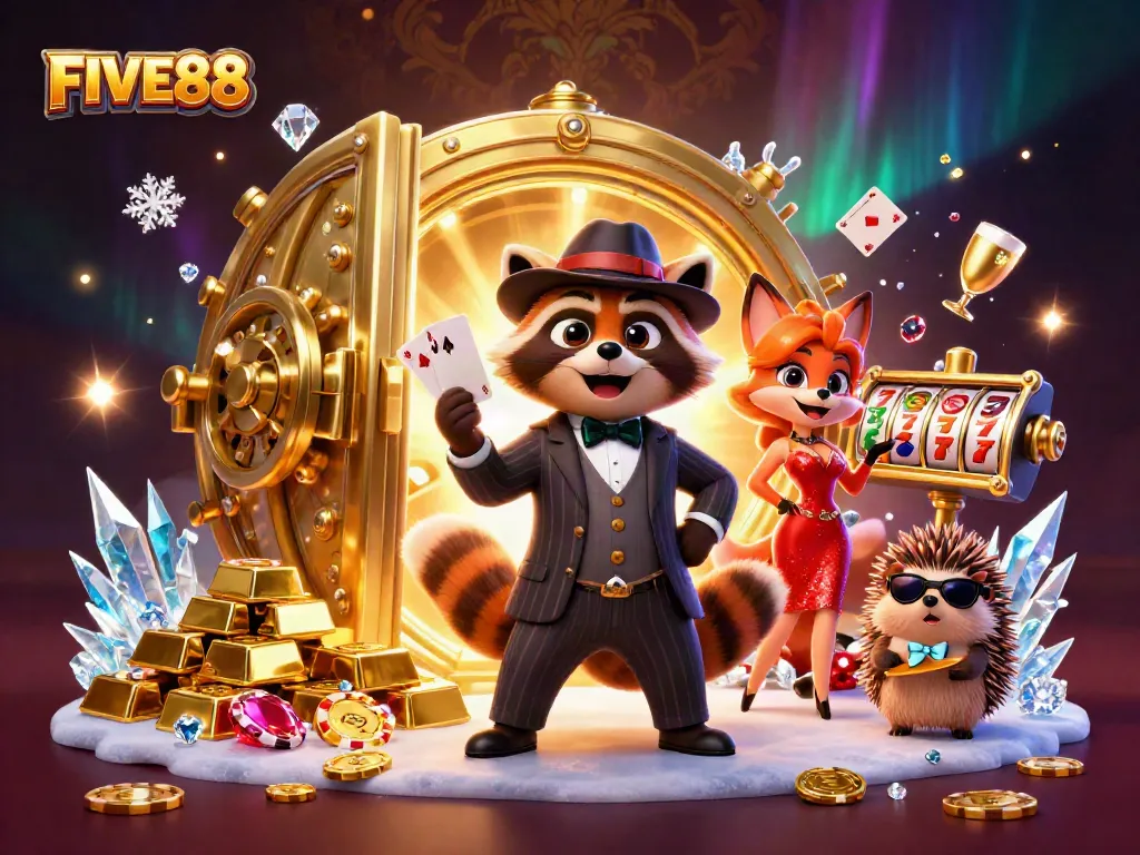 Experience the thrill of FIVE88 with a vibrant 3D casino scene featuring playful characters and rich game elements.