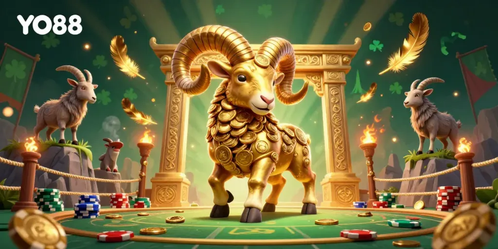 Experience the excitement of YO88 as a golden ram charges at a casino portal surrounded by vibrant gaming elements.