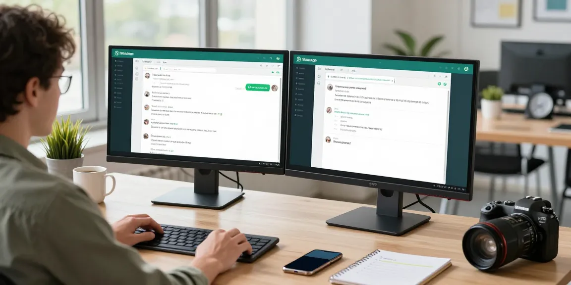 WhatsApp網頁版 interface displayed on a professional workspace with dual monitors.