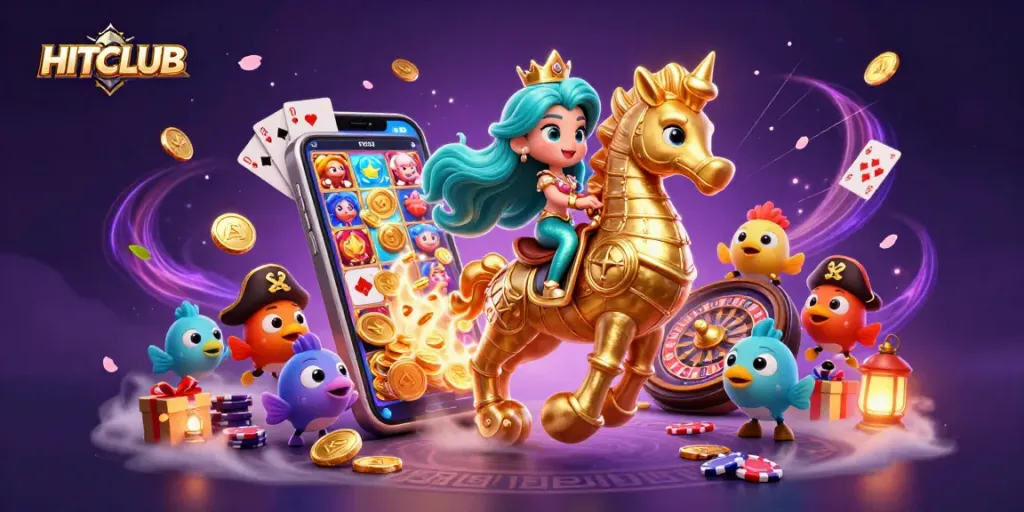 Experience HITCLUB's vibrant casino scene with a mermaid and seahorse amidst exciting gaming elements.