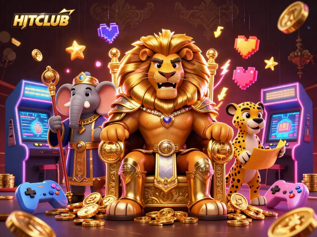 Engage with HITCLUB's vibrant casino atmosphere featuring a fierce lion king, symbolizing strategy and fun.