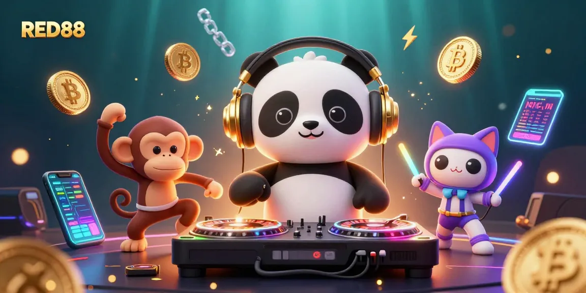 Join the fun at RED88 with a vibrant 3D illustration showcasing dynamic casino elements and characters.