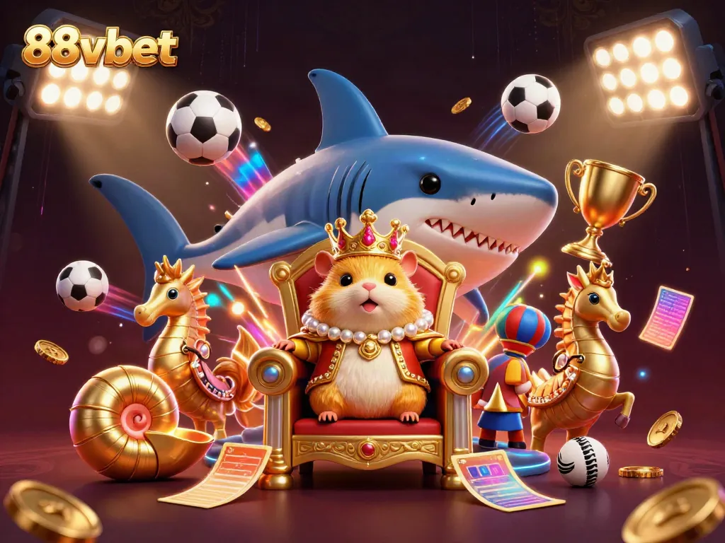 Experience the excitement of 88vbet with a golden hamster king and sports treasures in a vibrant casino scene.