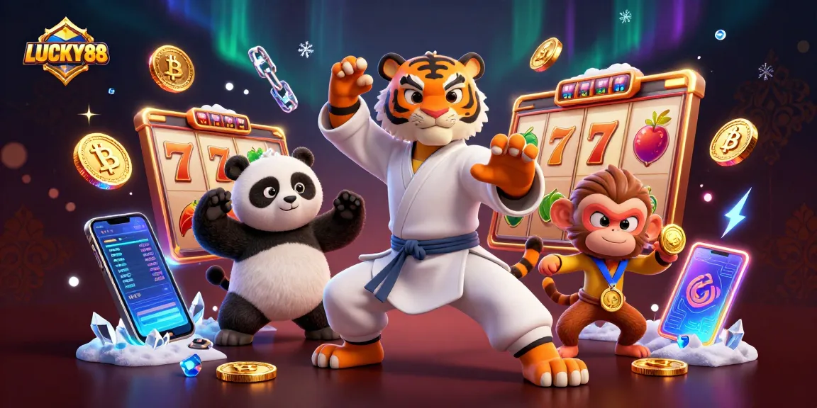 LUCKY88 slot experience with kung fu tiger master and panda disciple in a vibrant casino scene.