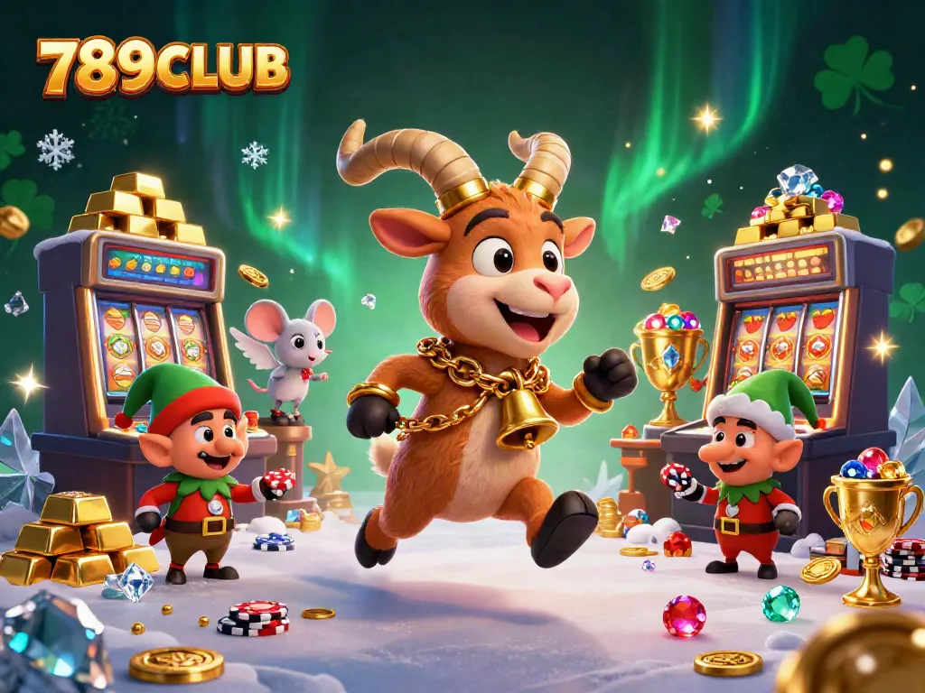 Enjoy thrilling gameplay at 789CLUB with festive characters and casino winnings in a vibrant scene.