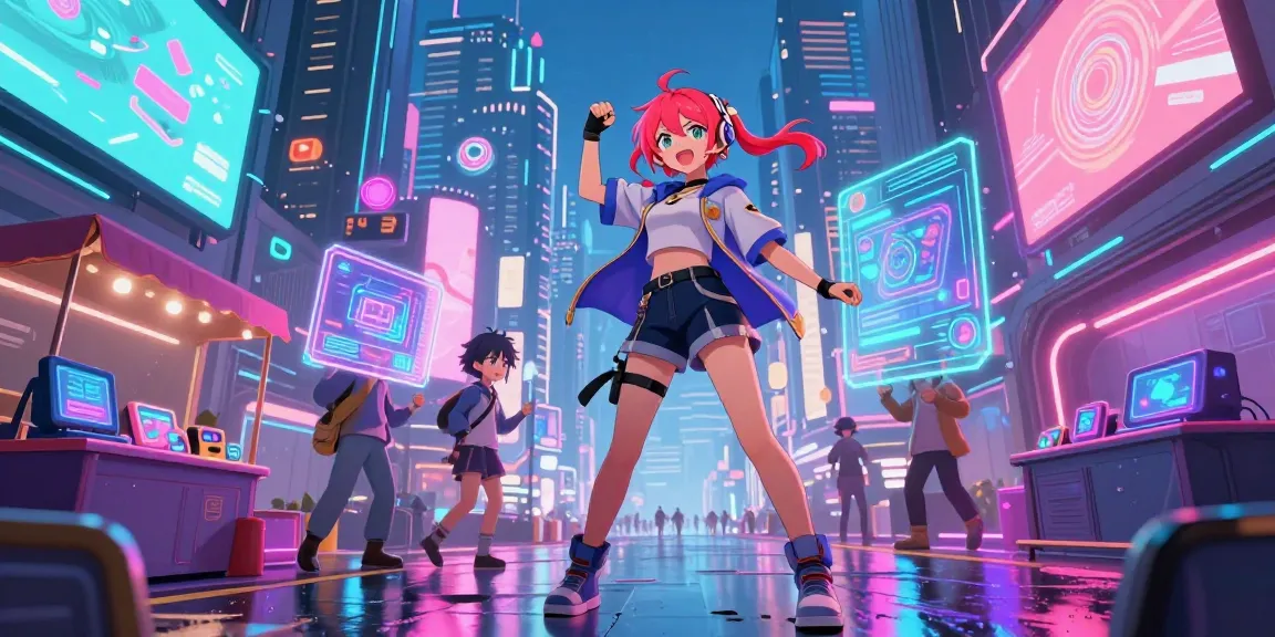 Ecchi AI character in cyberpunk city, showcasing vibrant neon art style and technology.