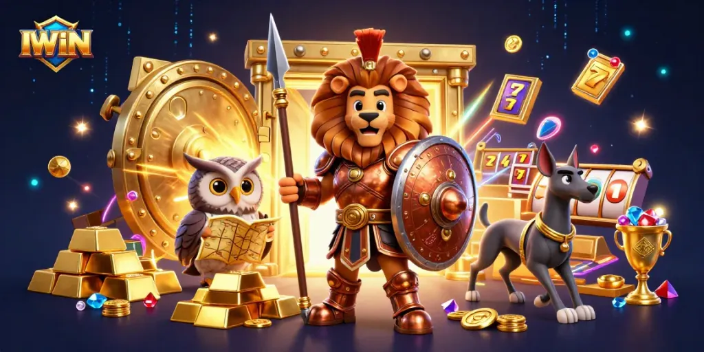 IWIN game scene featuring a lion warrior, strategic owl, and speedy greyhound among vibrant casino elements