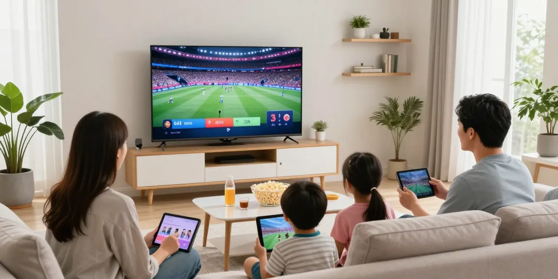 Family enjoying Meilleur IPTV Quebec in a modern living room with vibrant TV content.