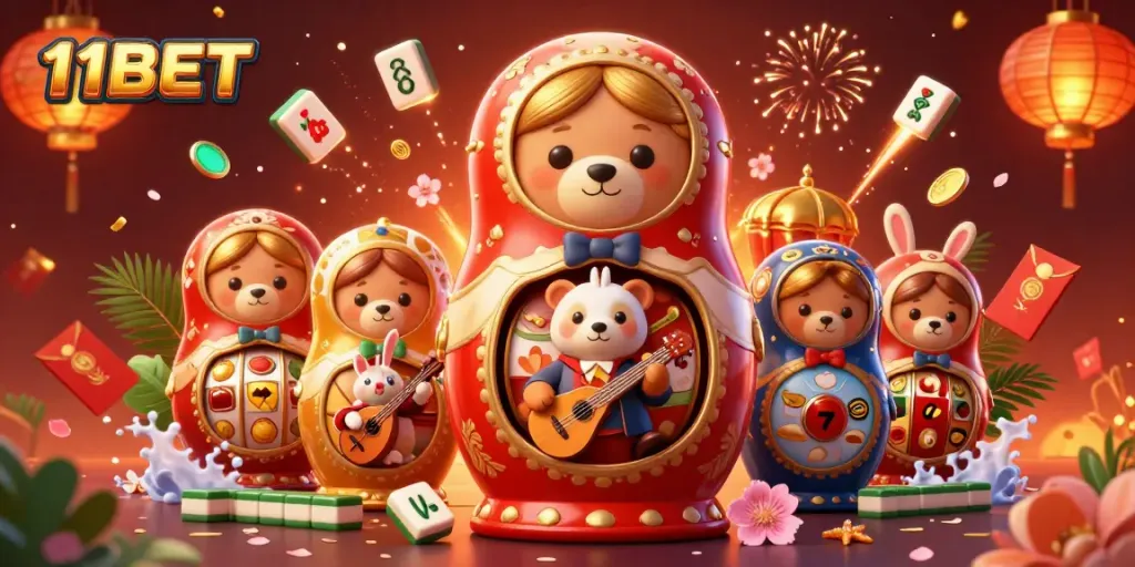 Experience thrilling gameplay with 11BET, featuring a vibrant 3D casino scene bursting with energy and action.