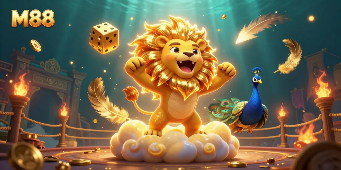 Engage with M88's thrilling gaming experience highlighted by a vibrant sun lion and golden dice.