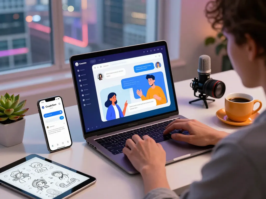 User interacting with CrushonAI chat interface on a modern laptop, showcasing vibrant character dialogue and engaging tech workspace.