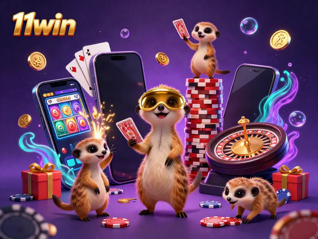 Experience the excitement of 11win with meerkats in a vibrant casino setting, showcasing a slot game and chips.