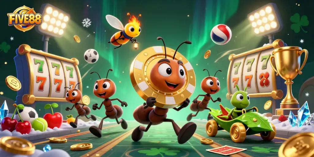 Engage in thrilling slots action with FIVE88 as ants heist golden poker chips amidst dynamic games.