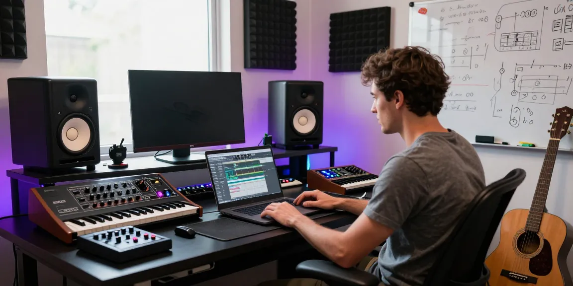 Music producer working on Roland SC88 synthesizer in a vibrant studio