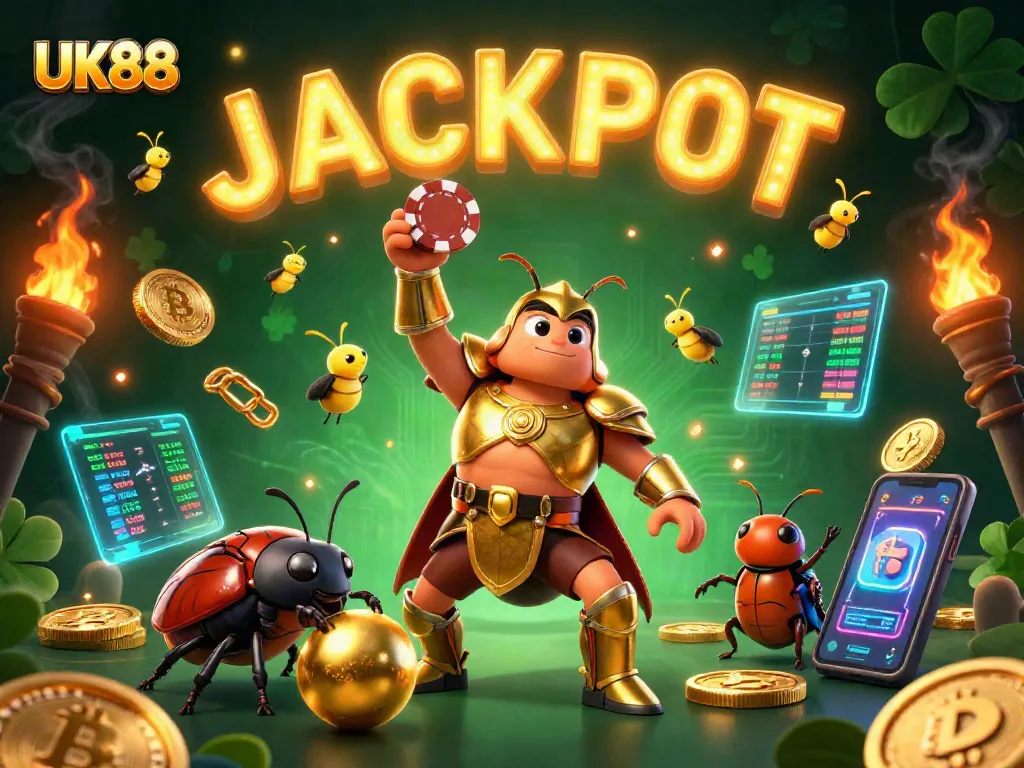 Win big with UK88 in a vibrant 3D casino illustration featuring lucky elements and jackpots!