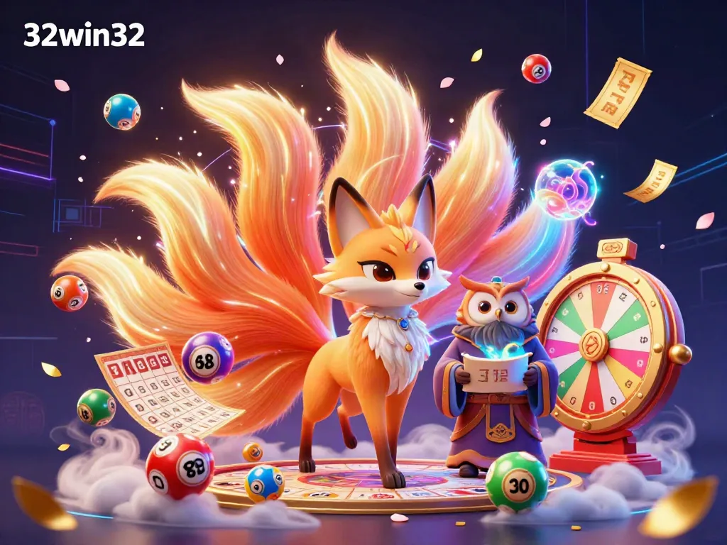 Experience vibrant gaming action with 32win32, featuring a colorful nine-tailed fox spirit amid lively casino elements.