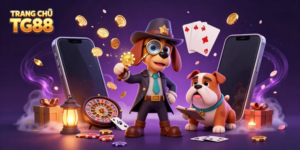 Experience the thrill at TRANG CHỦ TG88 with a detective uncovering poker clues in a vibrant casino scene.
