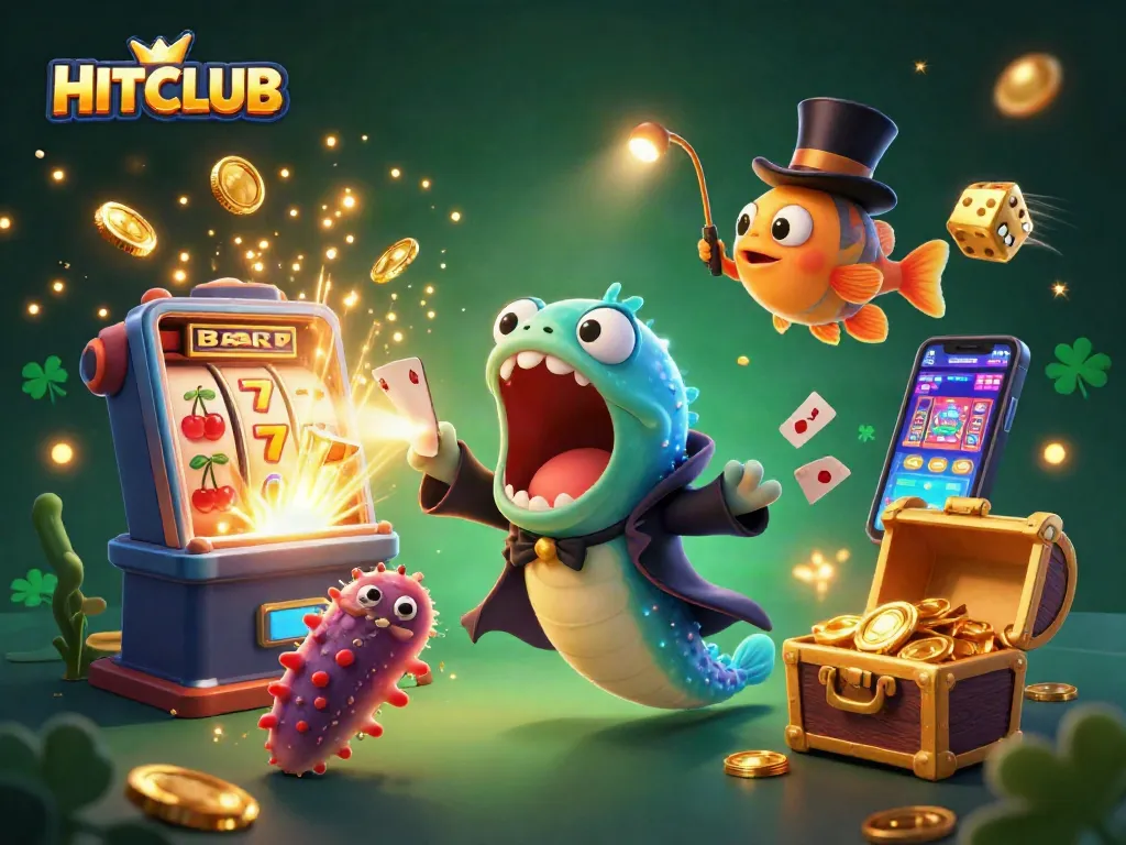 Join HITCLUB in an exhilarating casino spectacle with thrilling card tricks in a dynamic scene.
