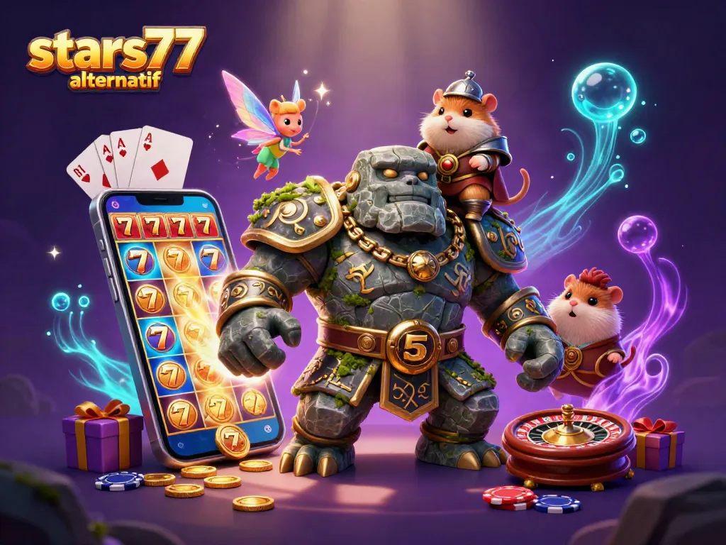 Gameplay menarik di stars77 alternatif dengan karakter golem dan peri beraksi di kasino online.