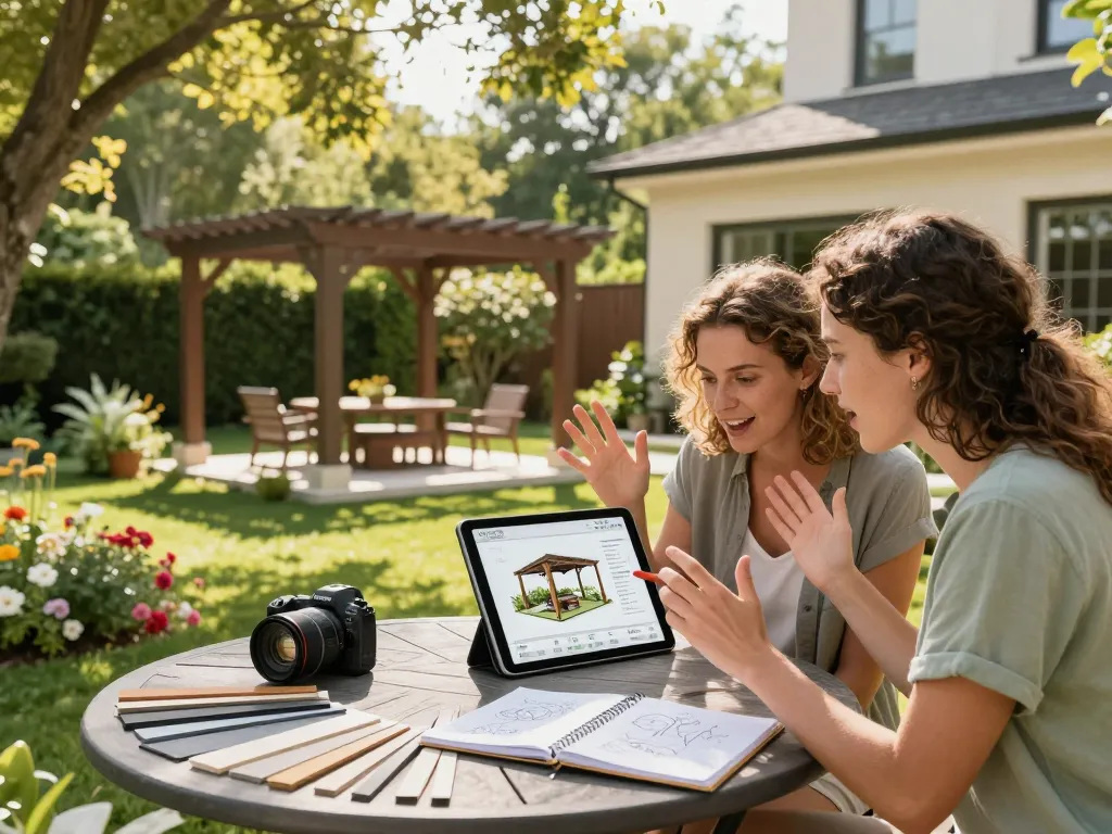 Couple using a 3D Pergola Configurator in their garden to visualize custom pergola designs seamlessly integrated into their outdoor space.