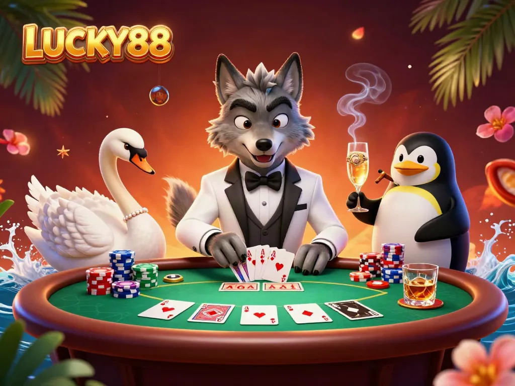 Engaging LUCKY88 casino illustration with a debonair wolf, elegant swan, and penguin sommelier in vibrant 3D
