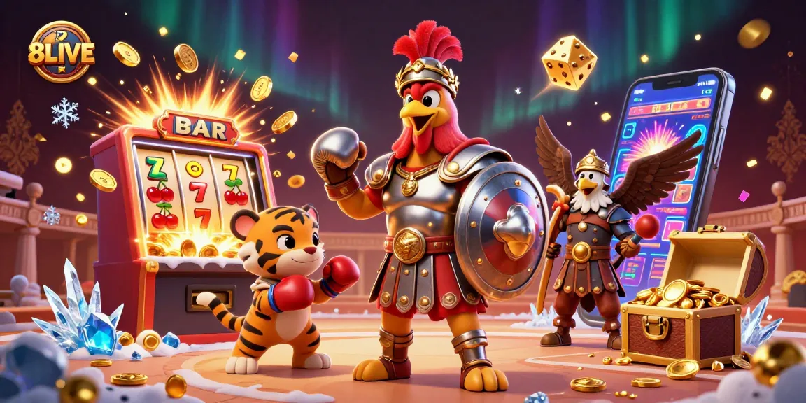 Experience thrilling wins with 8LIVE as a cartoon gladiator rooster and lucky symbols surround players.
