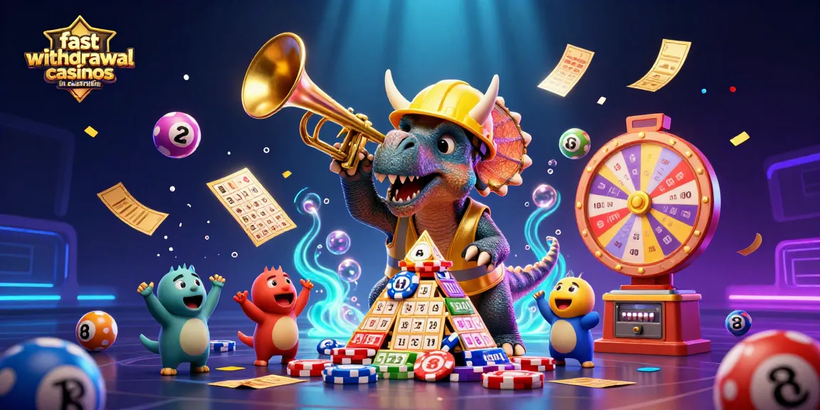 Celebrate wins at fast withdrawal casinos in australia with a vibrant 3D casino scene featuring unique dinosaur characters.