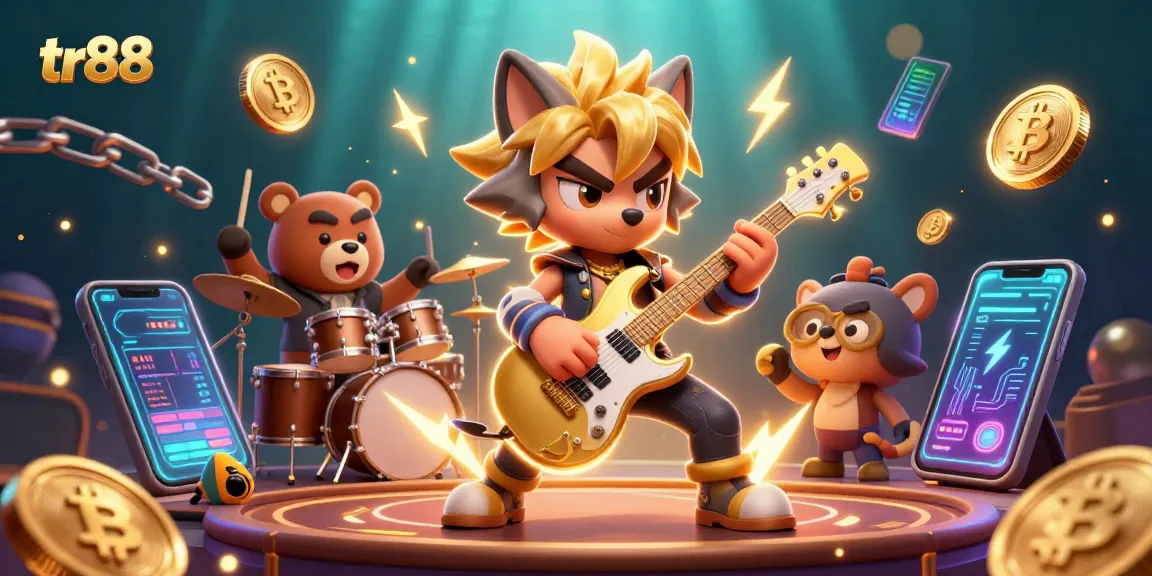 Engage at tr88 with a vivid casino scene featuring a rock star wolf and a drummer bear.