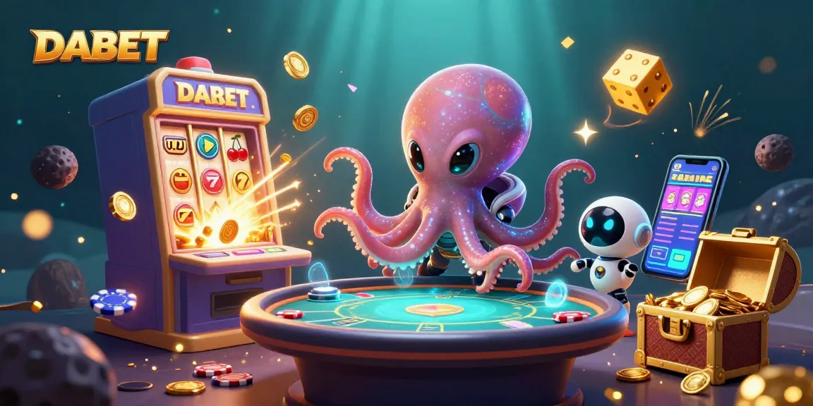 DABET showcases a thrilling scene of an alien octopus handling a poker game amidst jackpot explosions, emphasizing exciting casino action.