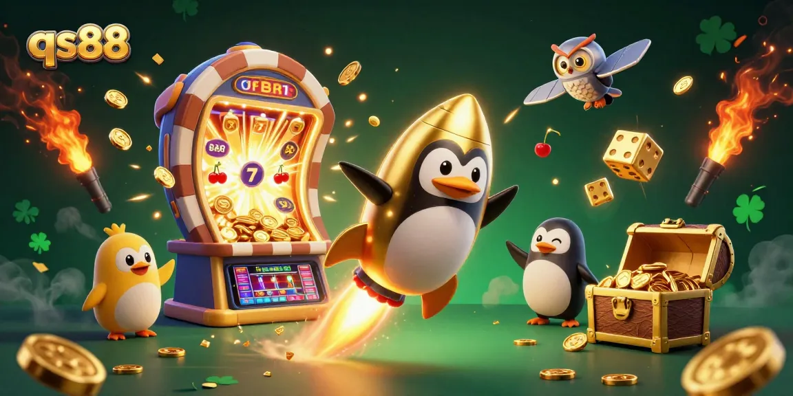 Experience the excitement at qs88, featuring a golden penguin racing to a jackpot-filled casino.