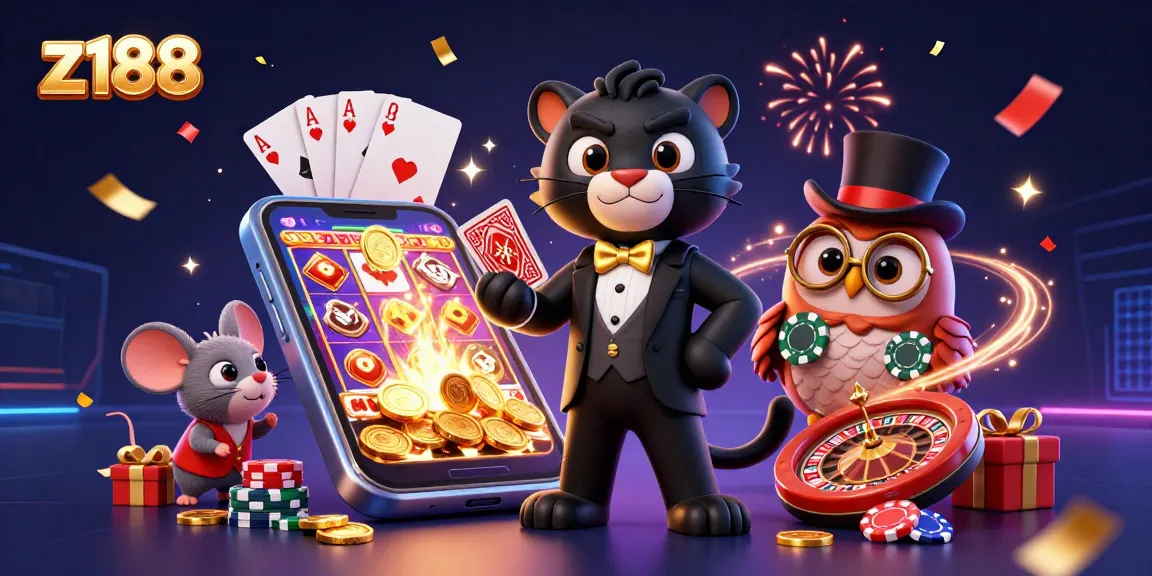 Play thrilling games with z188, featuring a panther dealer, owl with chips, and lucky mouse under celebratory confetti.