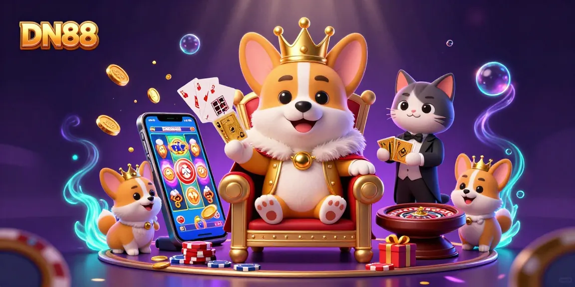 Engage with DN88’s thrilling casino experience featuring a royal corgi adorned with a golden crown amid vibrant gaming elements.