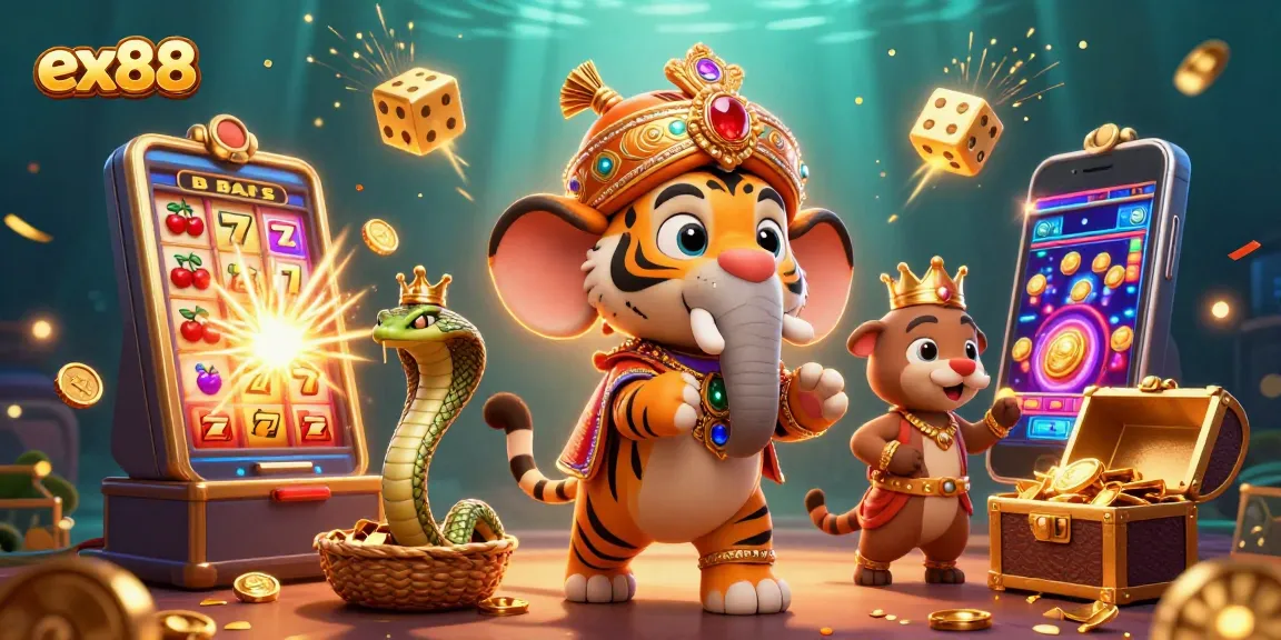 Join the excitement at ex88, witnessing a maharaja and slot machines in an extravagant 3D casino scene.