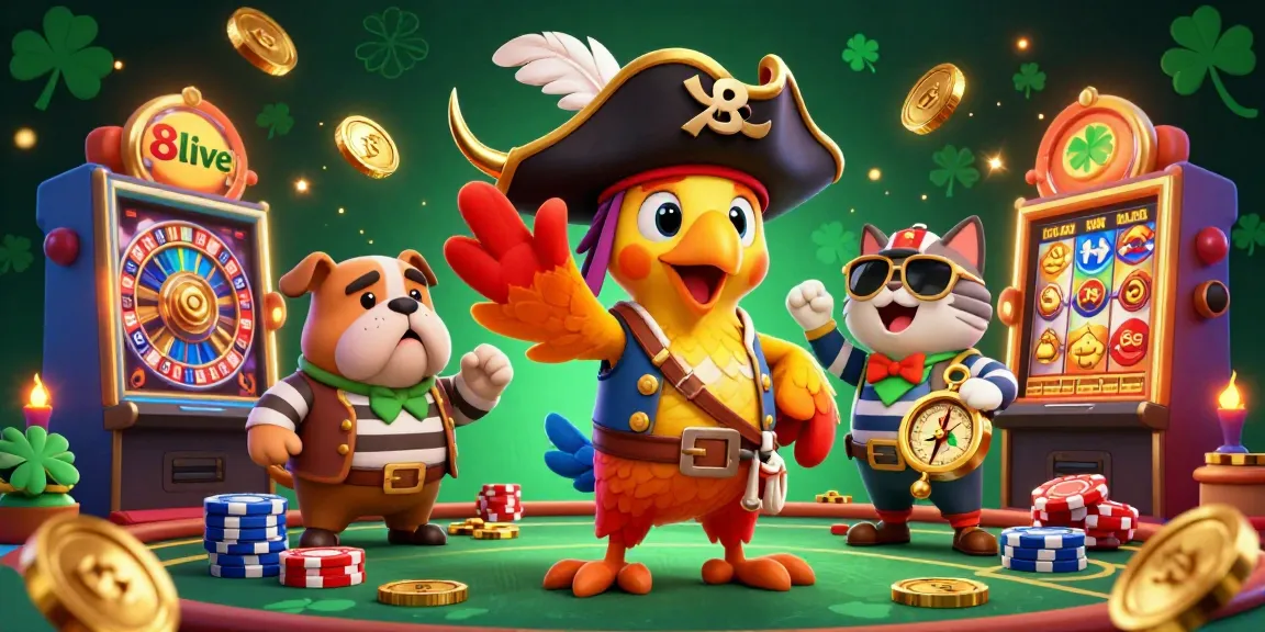Experience thrilling gaming with 8live's vibrant casino-themed illustration showcasing excitement and adventure.